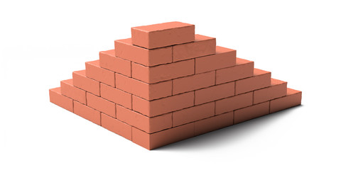 Red ceramic bricks isolated on white background. Corner construction of brickwork with new industrial bricks. 3d illustration