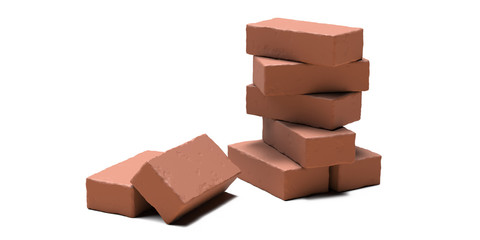 Obraz premium Stack of red ceramic bricks isolated on white background. Preparing a construction of brickwork. 3d illustration