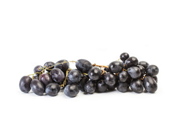 Racimo de uvas negras sobre fondo blanco aislado. Vista de frente. Copy space