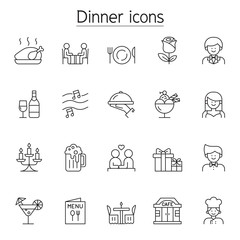 Dinner icons set in thin line style