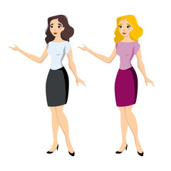 Fototapeta na wymiar A set of two women with different-colored hair. Middle-aged office worker. A young woman in a blouse skirt and shoes. Brunette and blonde. The girl shows something or points to something. 