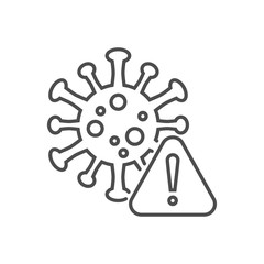 Obraz premium Corona virus danger related vector thin line icon. Coronavirus with warning triangle sign and exclamation mark on it. Isolated on white background. Editable stroke. Vector illustration.