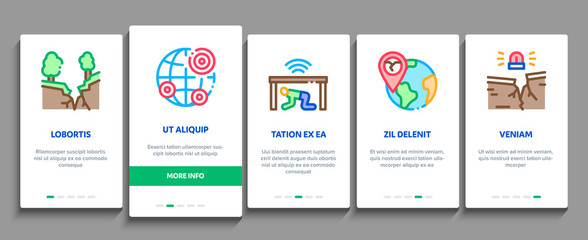 Earthquake Disaster Onboarding Mobile App Page Screen Vector. Building And Road Destruction, Stone Collapse And Earthquake Catastrophe Color Contour Illustrations