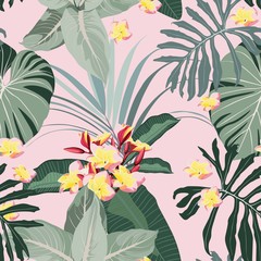 Tropical floral background with palm leaves, plants and pink plumeria flowers. Hand drawn botanical illustration for tropical party design. © Виктор Фесюк