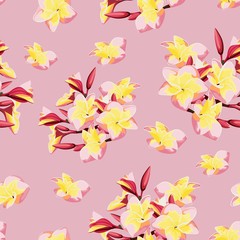 Tropical floral background with plumeria flowers. Hand drawn botanical illustration for tropical party design. Pink colors.