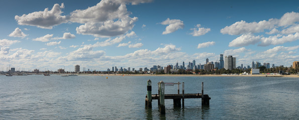 panorama showing the City of Melbourne on the horizon seen from St Kilda pier looking over old...
