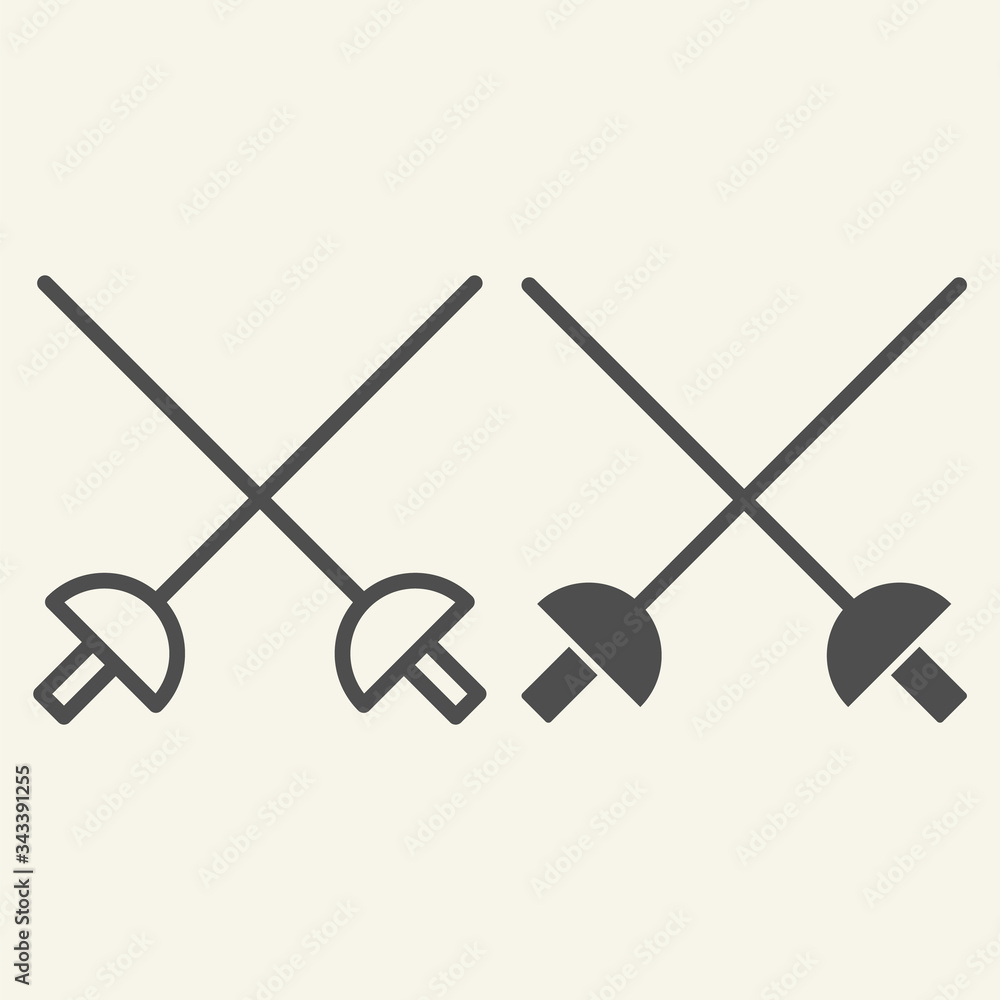 Poster fencing line and solid icon. crossed rapiers outline style pictogram on beige background. swords for