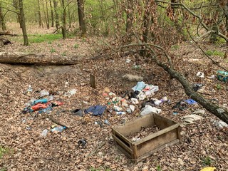 A pile of trash scattered in a green forest. Dirty park in the spring. Pollution of nature, the environment.