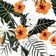 Tropical exotic orange flowers hibiscus, palm monstera leaves green floral summer seamless pattern illustration.