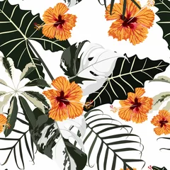 Foto op Plexiglas Hibiscus Tropische exotische oranje bloemen hibiscus, palm monstera bladeren groene bloemen zomer naadloze patroon illustratie.