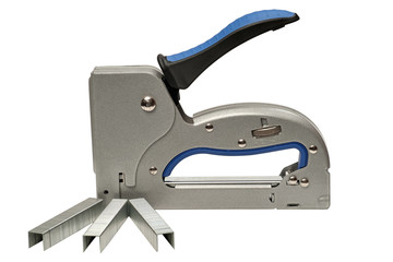 metal construction stapler with brackets isolated on white background