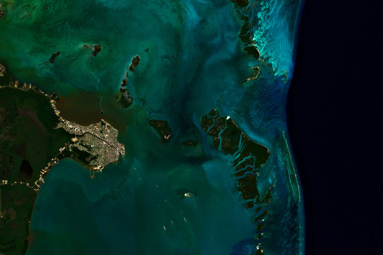 High resolution satellite image of Belize City and Belize Barrier Reef - contains modified Copernicus Sentinel Data (2020)