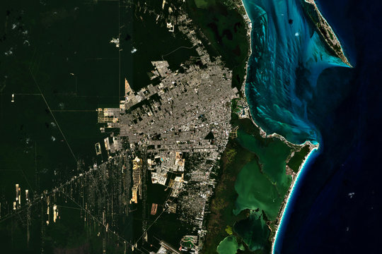 High resolution satellite image of Cancun on Yucatan Peninsula in Mexico - contains modified Copernicus Sentinel Data (2020)