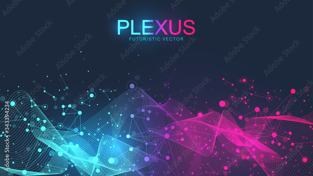 Fototapete Abstract scientific background with dynamic particles, wave flow. Plexus stream background. 3D data visualization with fractal elements. Cyberpunk style. Digital vector illustration