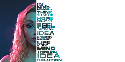Portrait of happy and inspired woman with lettering hope, idea, solution, mind, flyer with...