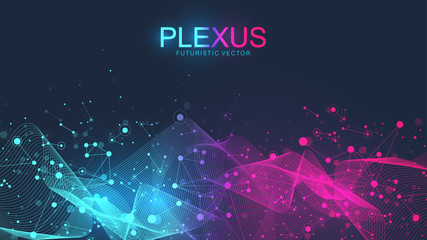 Abstract scientific background with dynamic particles, wave flow. Plexus stream background. 3D data visualization with fractal elements. Cyberpunk style. Digital vector illustration - obrazy, fototapety, plakaty