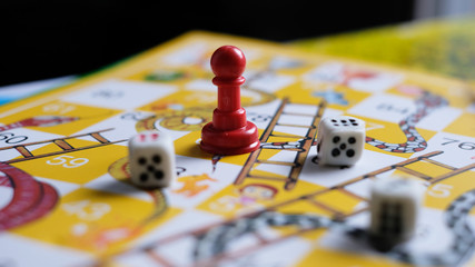 Close-up of snakes and ladders game children playground.