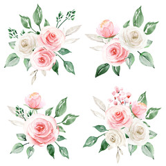 Set watercolor painting flowers, floral  design, illustrations with pink, white roses and leaves. Decoration for poster, greeting card, birthday, wedding invitation. Isolated on white background.