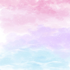 Colorful illustration, pastel light colors. Abstract background of fantastic sky with shining and stars. Postcard, greeting, invitation card, banner, backdrop.