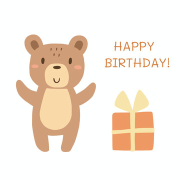 Happy birthday! Greeting card with cartoon bear. Vector illustration.