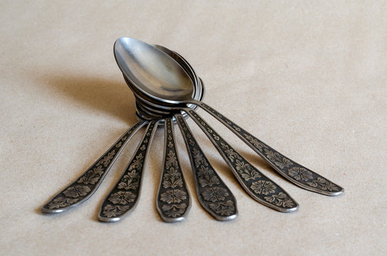 A group of tablespoons close-up.