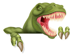 A scary dinosaur T Rex cartoon character peeking over a sign and pointing at it © Christos Georghiou
