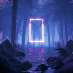 Neon jungle portal / 3D illustration of surreal glowing rectangular portal floating in watery tropical forest