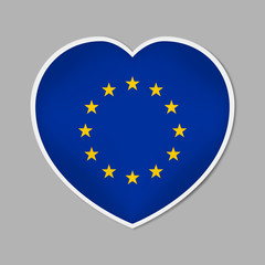 Heart shaped sign with European Union flag, vector illustration. Europe badge or sticker