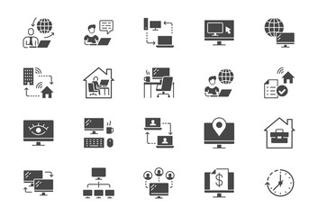 Work from home flat icons. Vector illustration included icon as freelance worker with laptop, workspace, pc monitor, business black silhouette pictogram for online job