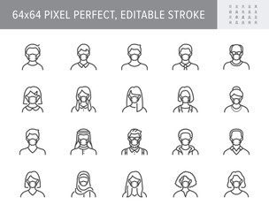 People in mask avatar line icons. Vector illustration included icon as man, female, muslim, senior, adult and young human outline pictogram for user profile. 64x64 Pixel Perfect Editable Stroke