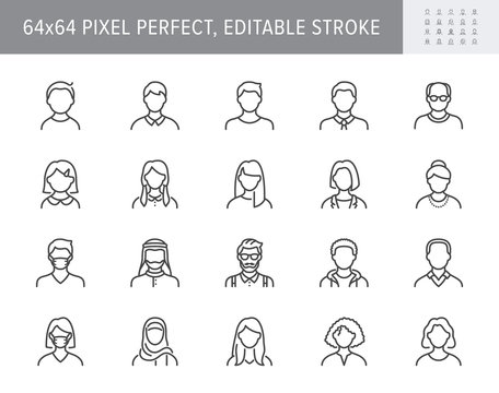 People avatar line icons. Vector illustration included icon as man, female, muslim, senior, adult and young human outline pictogram for user profile. 64x64 Pixel Perfect Editable Stroke