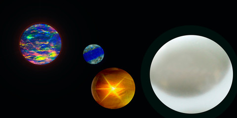 Solar system modeled with jewels
With lapis lazuli, pearls and opals