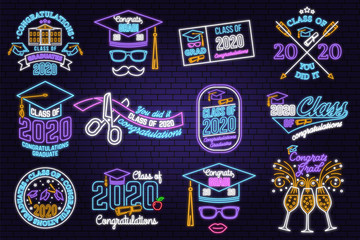 Set of Vector Class of 2020 neon bright signboard, light banner Neon typography design with graduation cap, diploma, mustache. Graduation design with hut and text Class of.