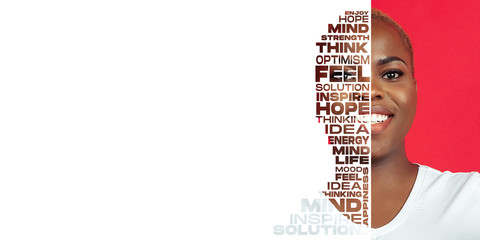 Portrait of happy and inspired woman with lettering hope, idea, solution, mind, flyer with...