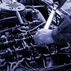 The engine compartment of a passenger car close-up.