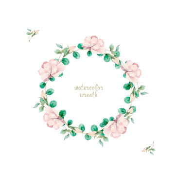 Watercolor illustration of a beautiful floral wreath with spring flowers. Hand drawn elegant light pink flowers on white background