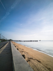 Roads and coastal erosion protection dams at Thapsakae Beach, Prachuap Khiri Khan, Thailand.