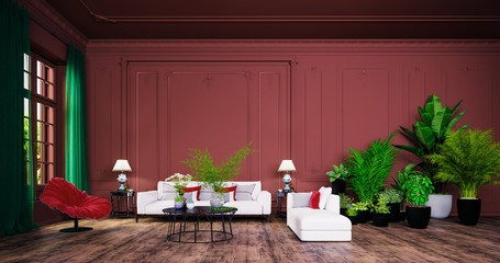 Modern interior design of a living room in an apartment, house, office,  fresh flowers and bright modern interior details and the sun's rays from the window against the background of the wall 