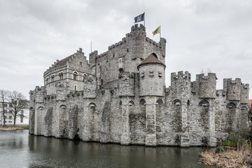 Obraz premium Medieval castle Gravensteen (Castle of the Counts) in Gent, Belgium. Present castle was built in 1180 by count Philip of Alsace.