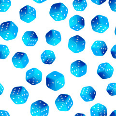 A lot of bright blue glossy game dice, casino seamless pattern on white