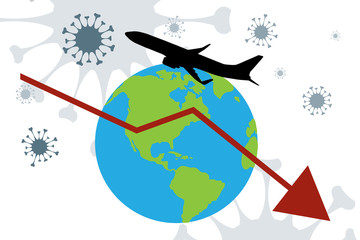 Vector illustration of travel crisis induced by coronavirus on globe symbol.