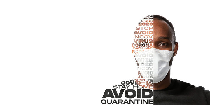 Portrait of scared and stressed man with lettering avoid, wash hands, quarantine, flyer copyspace for ad. Mixed background, art collage and modern design. Epidemic, pandemic of COVID-19, stay home.