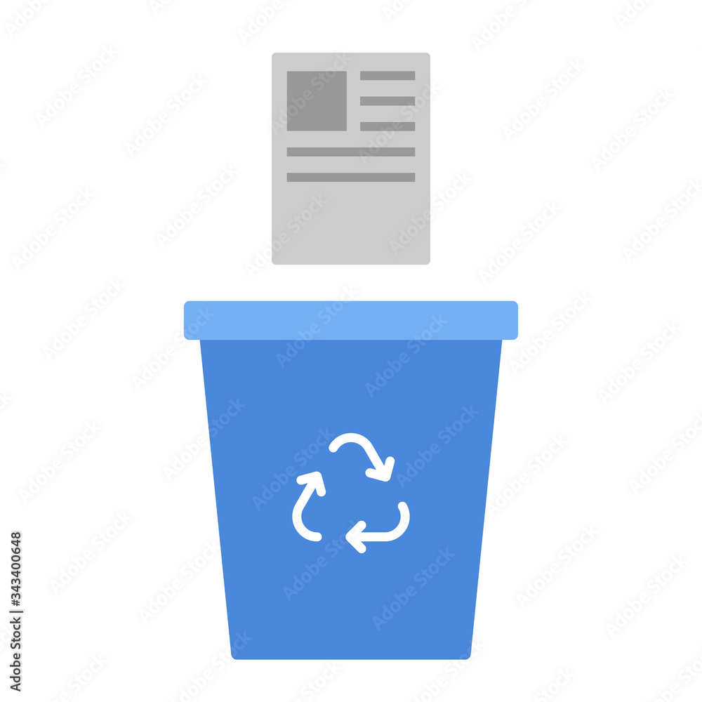 Poster trash bin flat vector illustration. blue trash can and sheet of paper falling into it. delete flat i