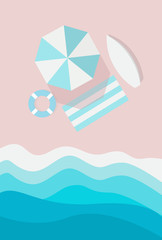 Beach top view vertical banner. Beach umbrella, deck chair, surf and pink sand lifebuoy next to the azure waves. Cartoon vector illustration