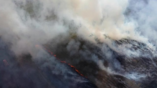 Aerial view of wildfire on the field. Huge clouds of smoke