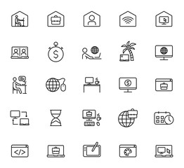 Remote work line vector icons isolated on white background. Work at home because of the coronavirus pandemic. Outline icon set for web, mobile apps, ui design. Stay at home concept