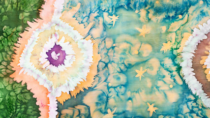 abstract ornament handmade in tie-dye and hot batik technique on colored silk scarf