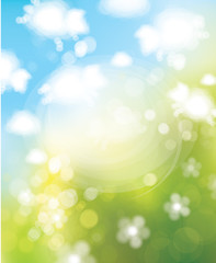 Obraz premium Vector cute, abstract background with sheeps clouds cartoons. Abstract, nature, bokeh background.