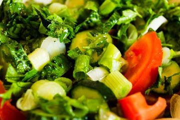 Fresh salad with tomatoes, lettuce, onion, cucumbers and parsley.