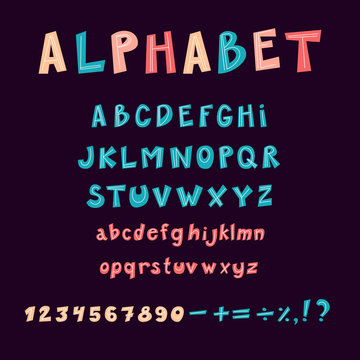 Flat cartoon alphabet. Funny childish letters. Vector